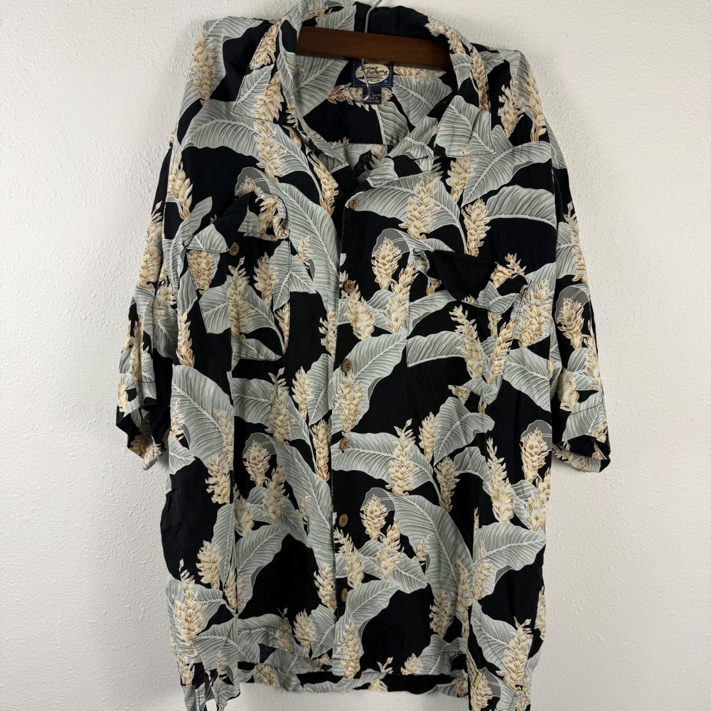 Tommy Bahama Mens Large Black Tropical Leaf Ginger Flower Print Rayon Shirt